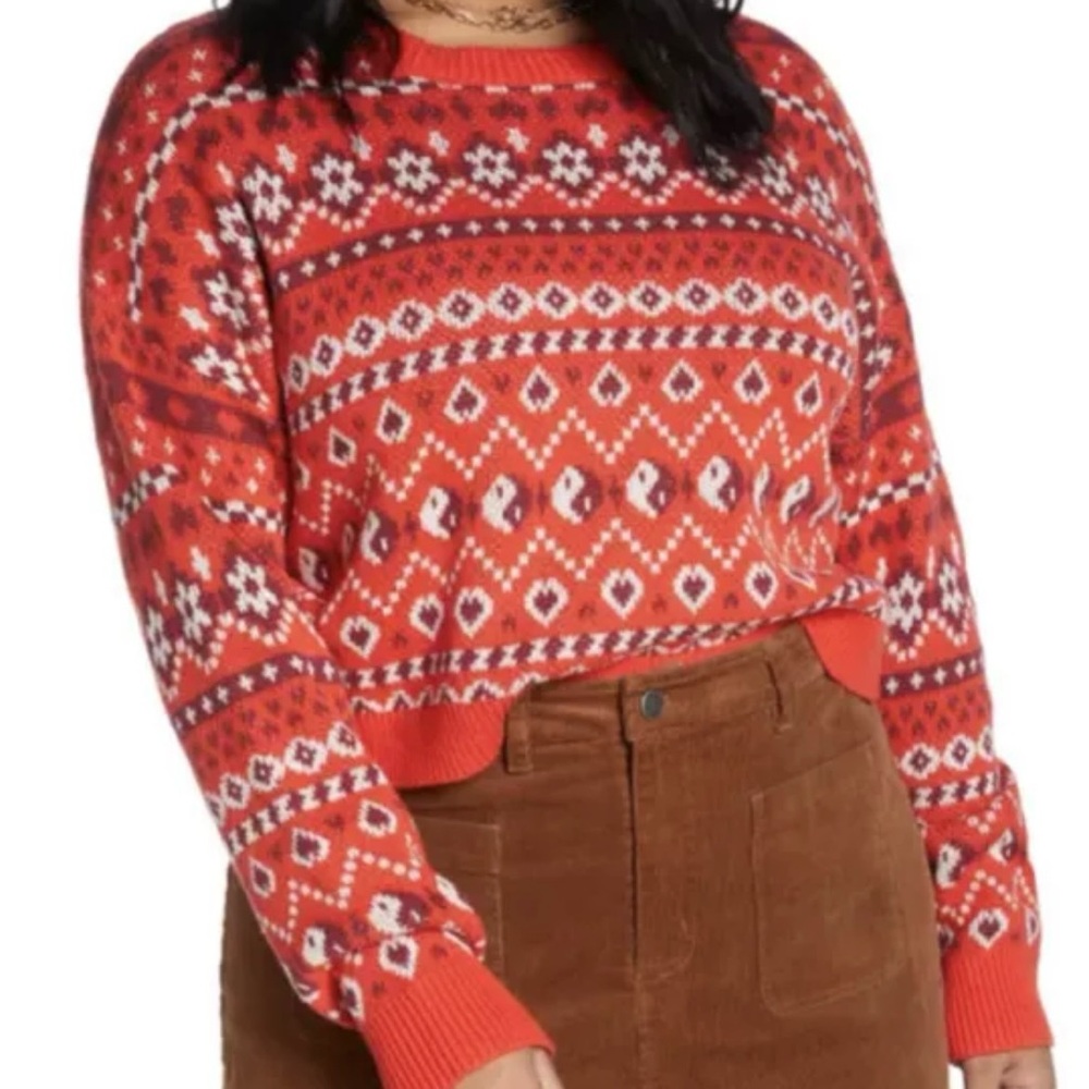 NWOT BP Cropped Sweater Crew Neck Pullover Red Yin Yang Hearts Fair Isle